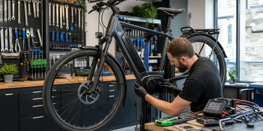 Technician diagnosing a commuter electric bike motor and brakes in a professional Dublin workshop
