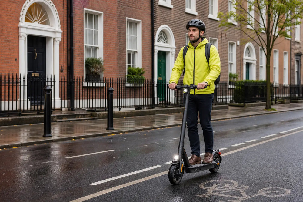 Road-legal electric scooter rider commuting safely on a wet Dublin street in Ireland