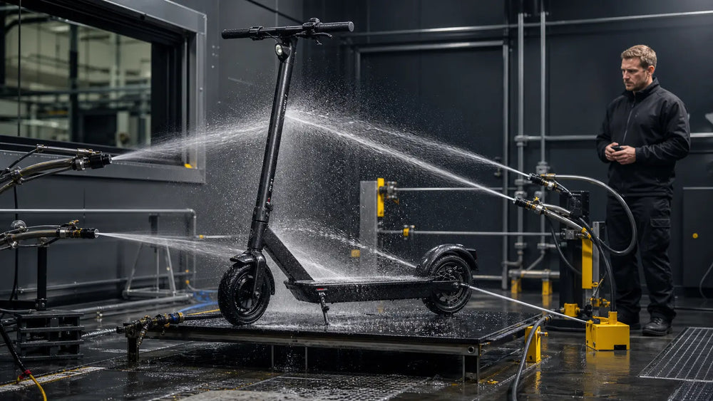 Electric scooter undergoing a controlled water-ingress spray test in a professional laboratory