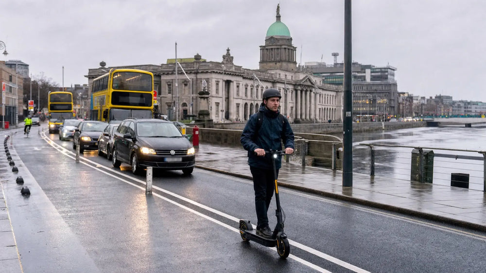 Electric scooter commuter beside real Dublin traffic on the River Liffey