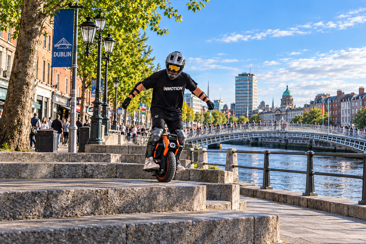 Helmeted electric unicycle rider by the Dublin riverside