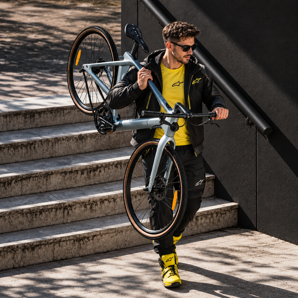 Rider carrying a carbon e-bike on stone steps