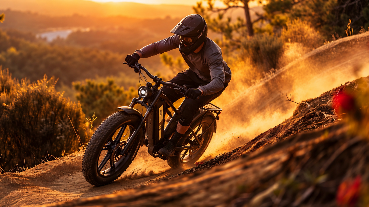 Helmeted e-bike rider turning on a trail at golden hour