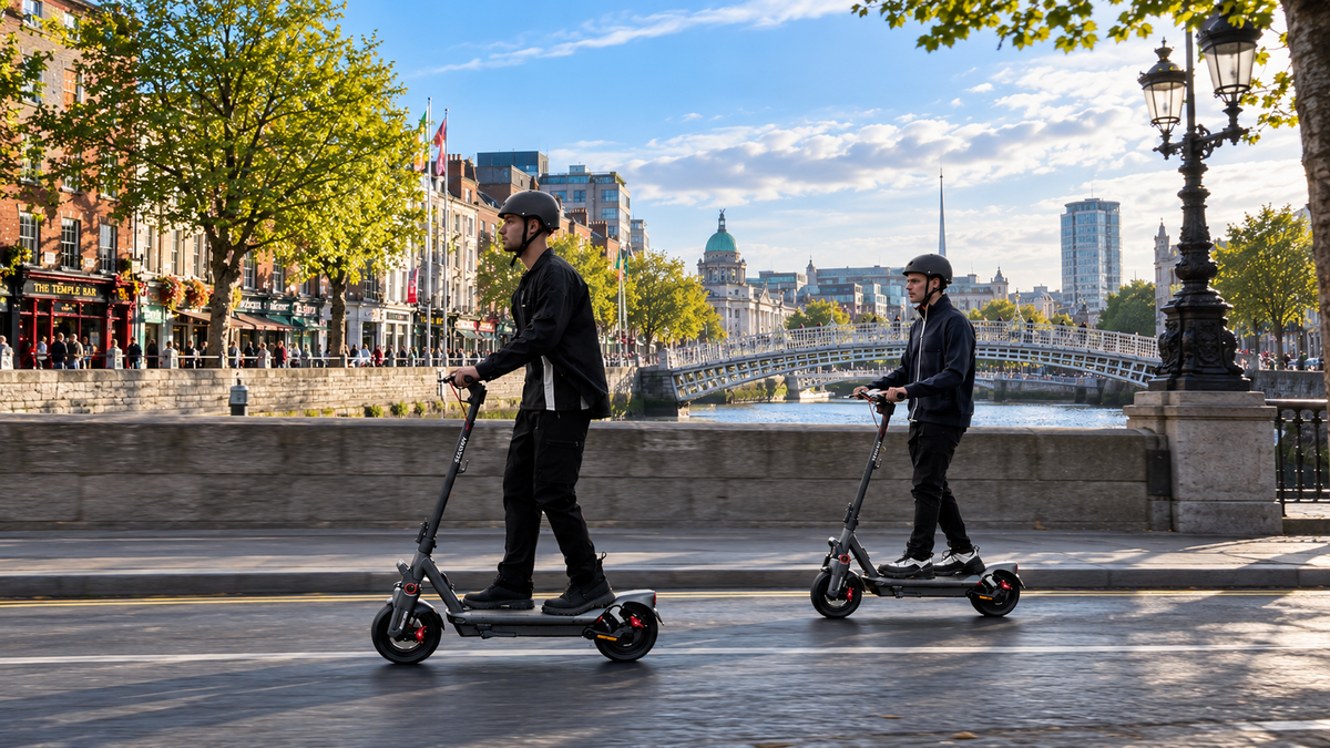 Two helmeted scooter riders by Dublin’s Ha’penny Bridge