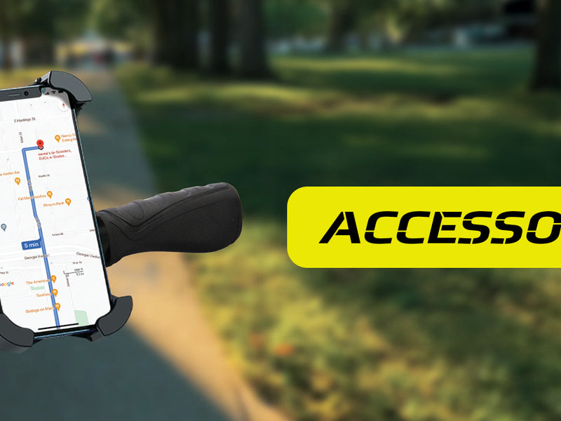 Handlebar smartphone mount with GPS navigation route displayed on electric scooter