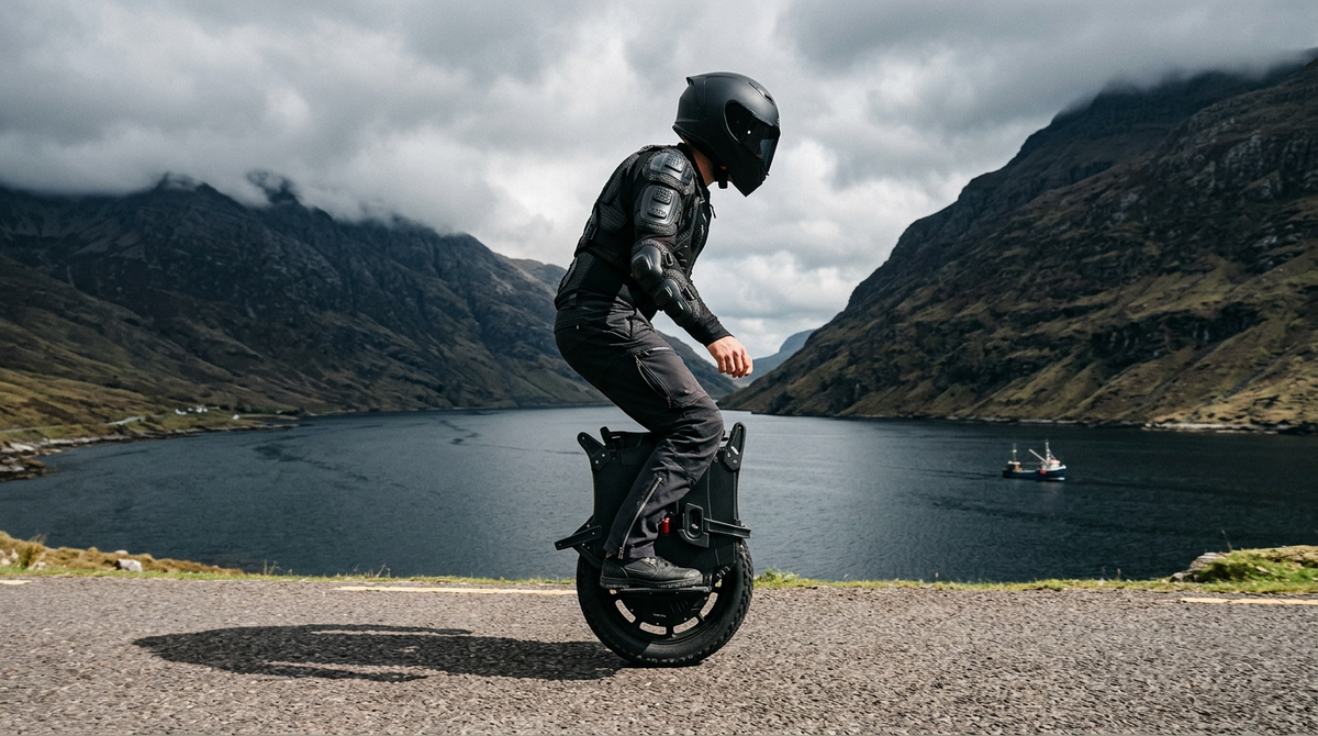 Rider on a LeaperKim Sherman L electric unicycle on the coastal road at Killary Harbour, Connemara