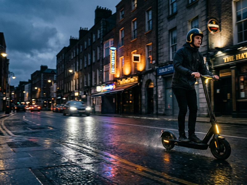 Rider equipped with high-visibility lighting along wet Dublin streets at dusk near Ha'penny Bridge
