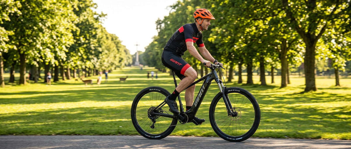 Athletic rider in black and red cycling kit with orange helmet riding a Giant Fathom E+ electric mountain bike in Phoenix Park Dublin