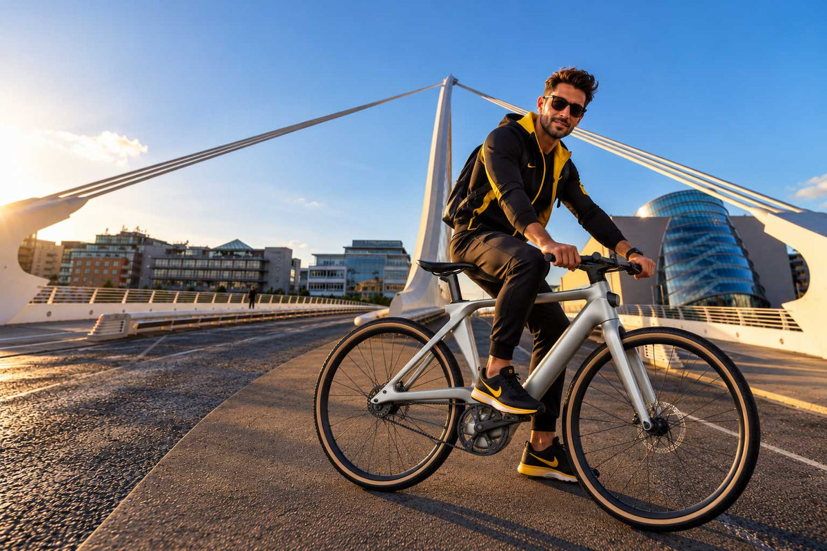 City e-bike rider by Samuel Beckett Bridge