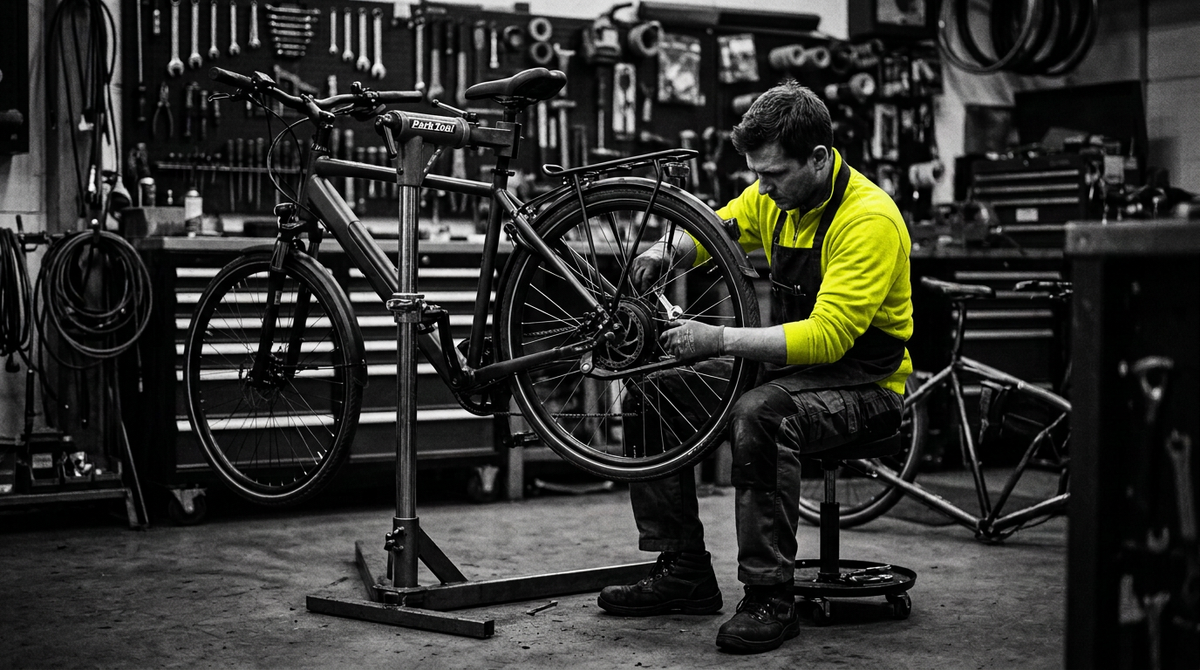 Lifty Labs technician in yellow work shirt installing an electric bike conversion kit in the Dublin workshop