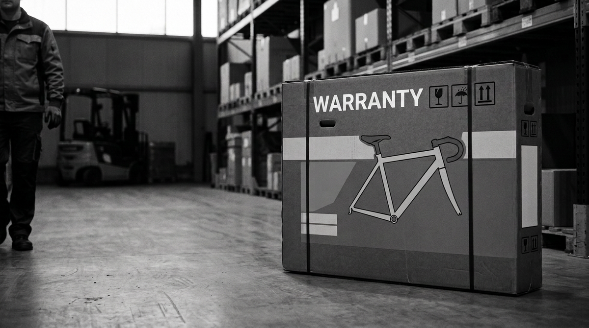 Professional bike box with WARRANTY printed in bold white letters