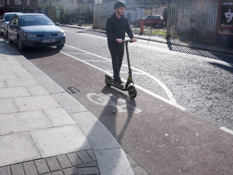 Electric scooter rider on Parnell Street cycle lane in Dublin 1