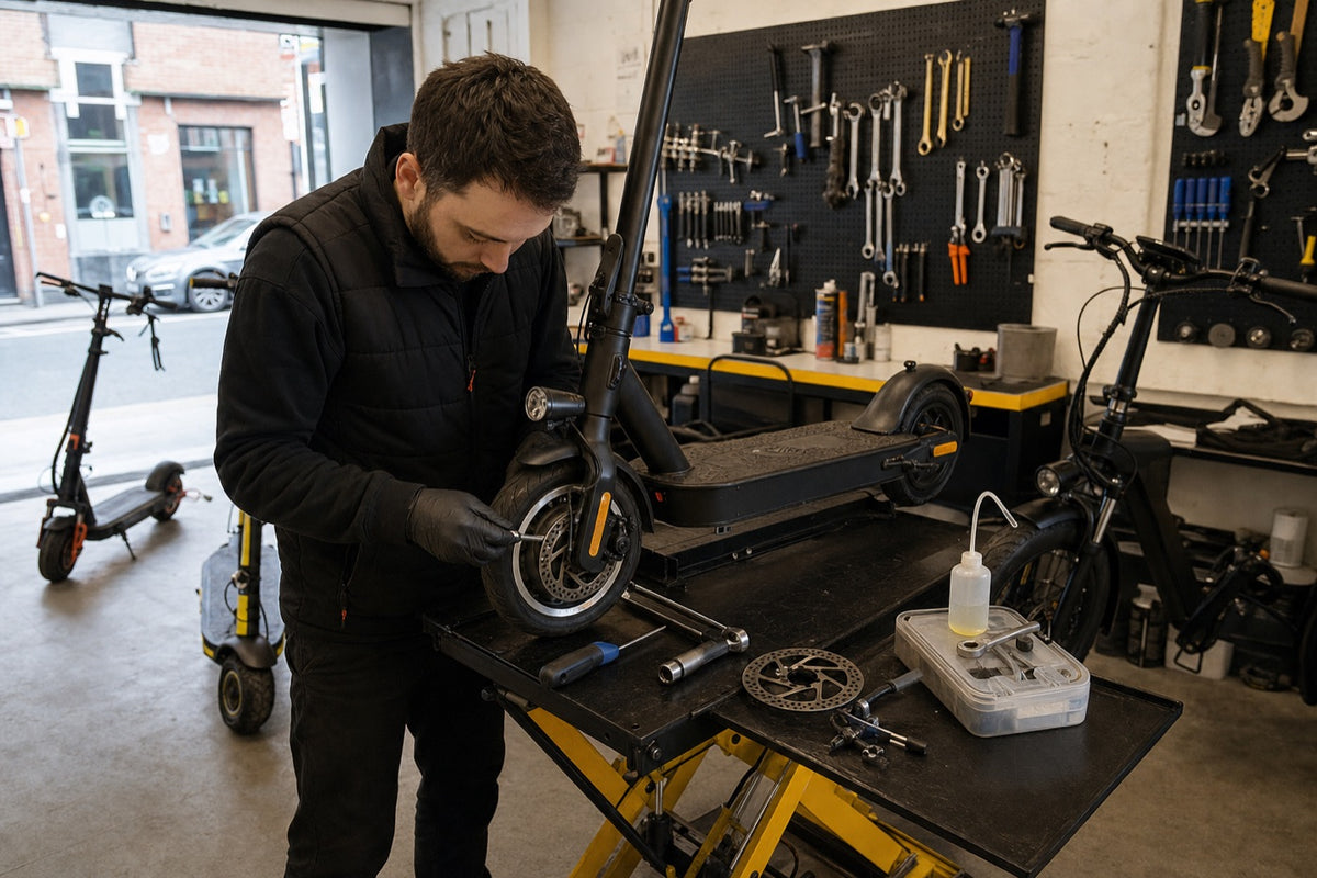 Lifty Labs technician servicing an electric scooter at the Capel Street workshop, Dublin